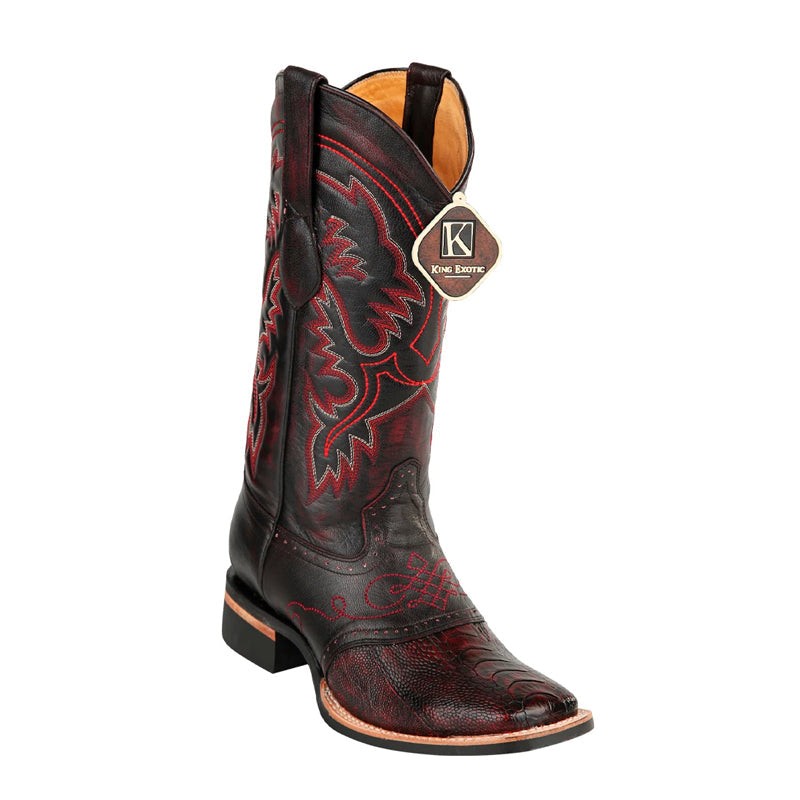 Men's King Exotic Ostrich Leg Boots With Rubber Sole & Saddle Square Toe Black Cherry (48230518) 1   - from alligatorwarehouse.com