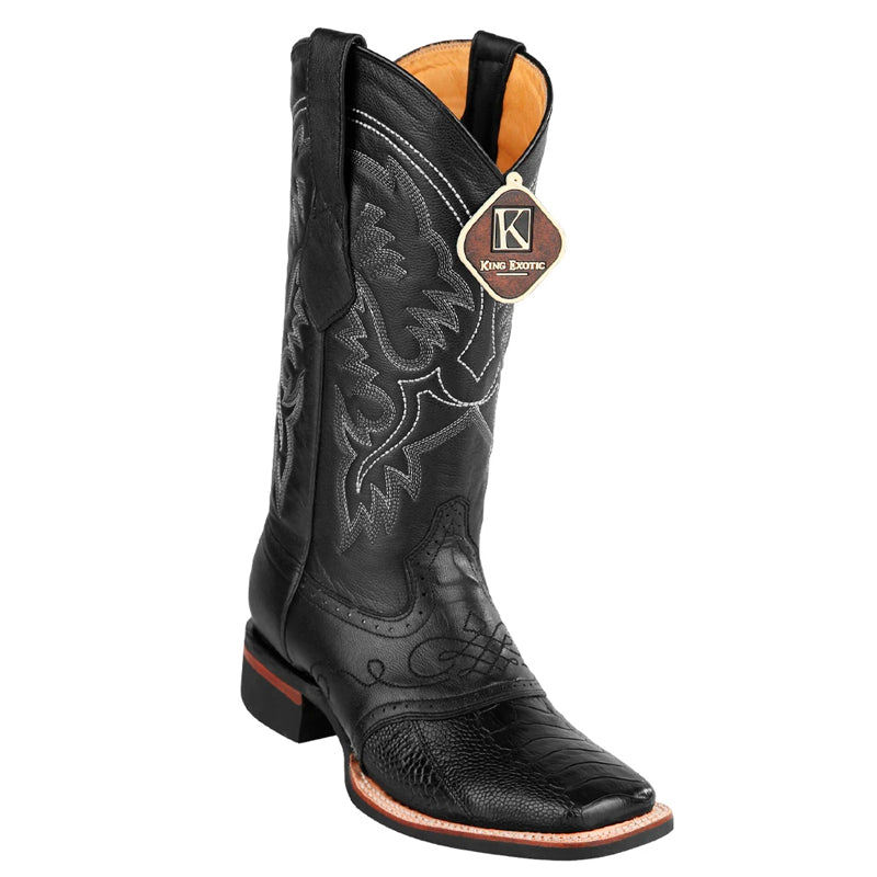 Men's King Exotic Ostrich Leg Boots With Rubber Sole & Saddle Square Toe Black (48230505) 1   - from alligatorwarehouse.com