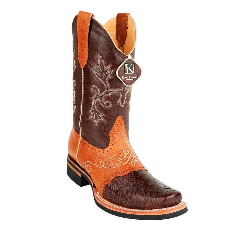 Men's King Exotic Ostrich Leg Boots With Rubber Sole & Saddle Square Toe Brown (48160507) 1   - from alligatorwarehouse.com