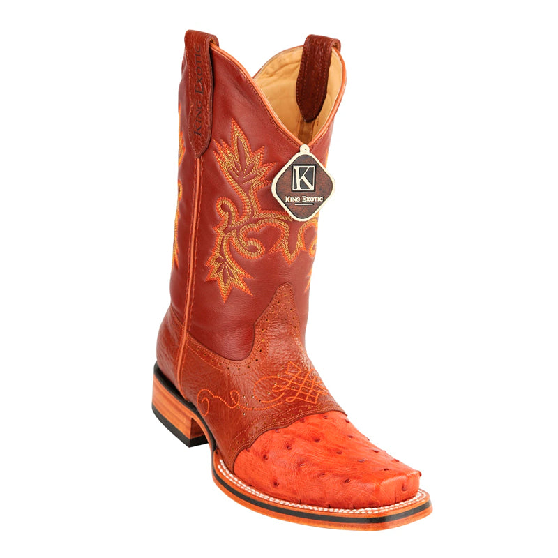 Men's King Exotic Square Toe Ostrich Boots Rubber Sole & Saddle Cognac (48230303) 1   - from alligatorwarehouse.com