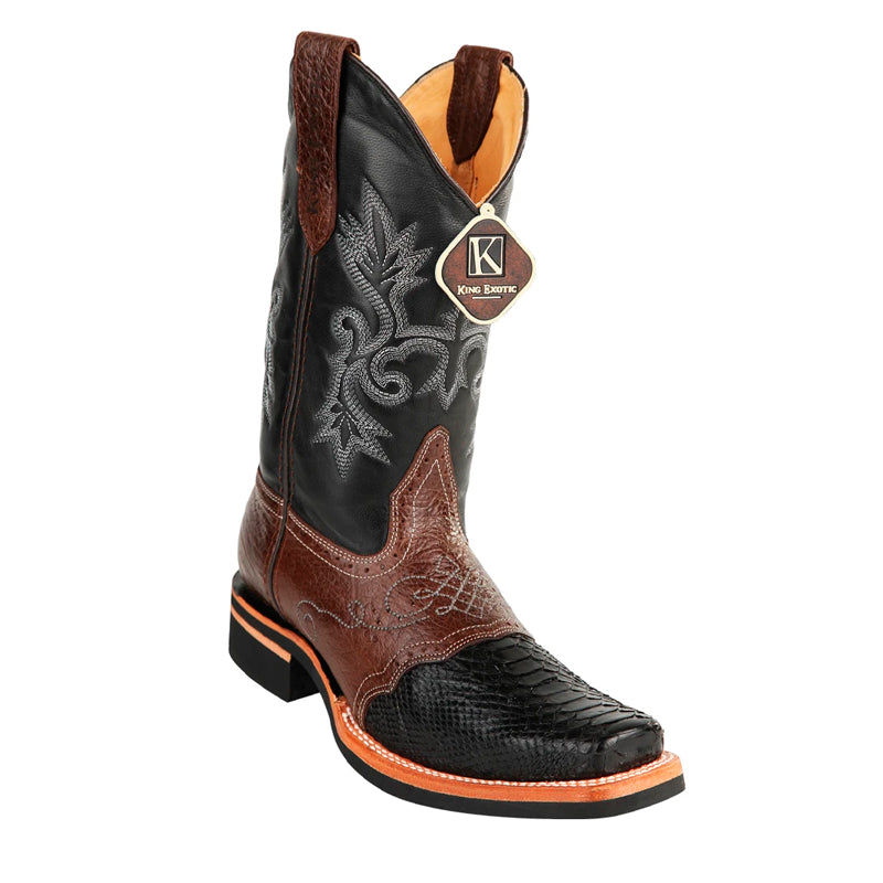 Men's King Exotic Python Boots Rubber Sole & Saddle Vamp Square Toe Black (48165705) 1   - from alligatorwarehouse.com