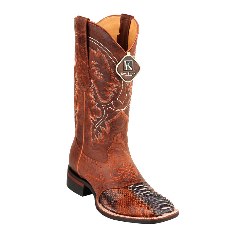Men's King Exotic Python Boots Rubber Sole & Saddle Vamp Square Toe Rustic Cognac (48235788) 1   - from alligatorwarehouse.com