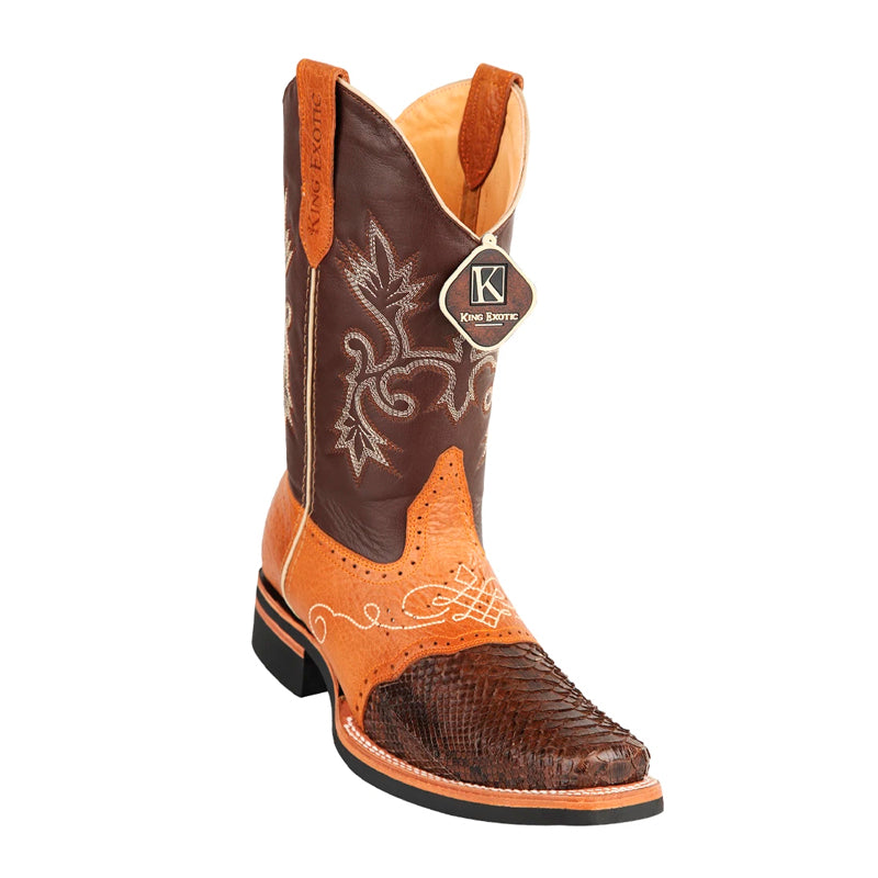 Men's King Exotic Python Boots Rubber Sole & Saddle Vamp Square Toe Brown (48165707) 1   - from alligatorwarehouse.com
