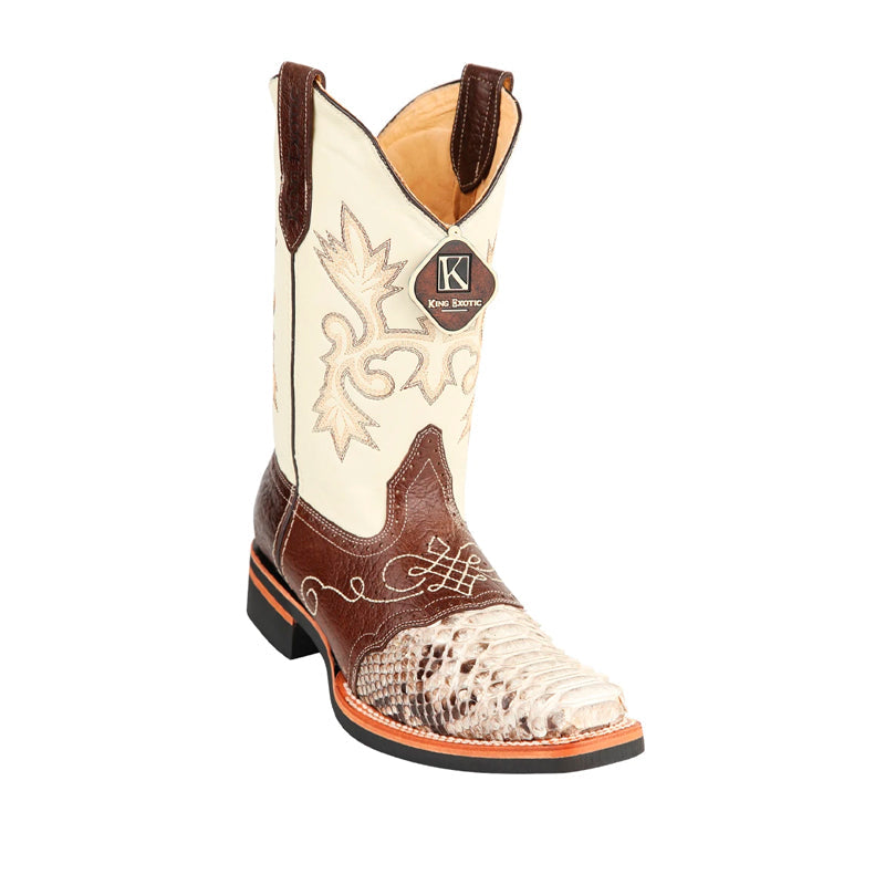 Men's King Exotic Python Boots Rubber Sole & Saddle Vamp Square Toe Natural (48165749) 1   - from alligatorwarehouse.com
