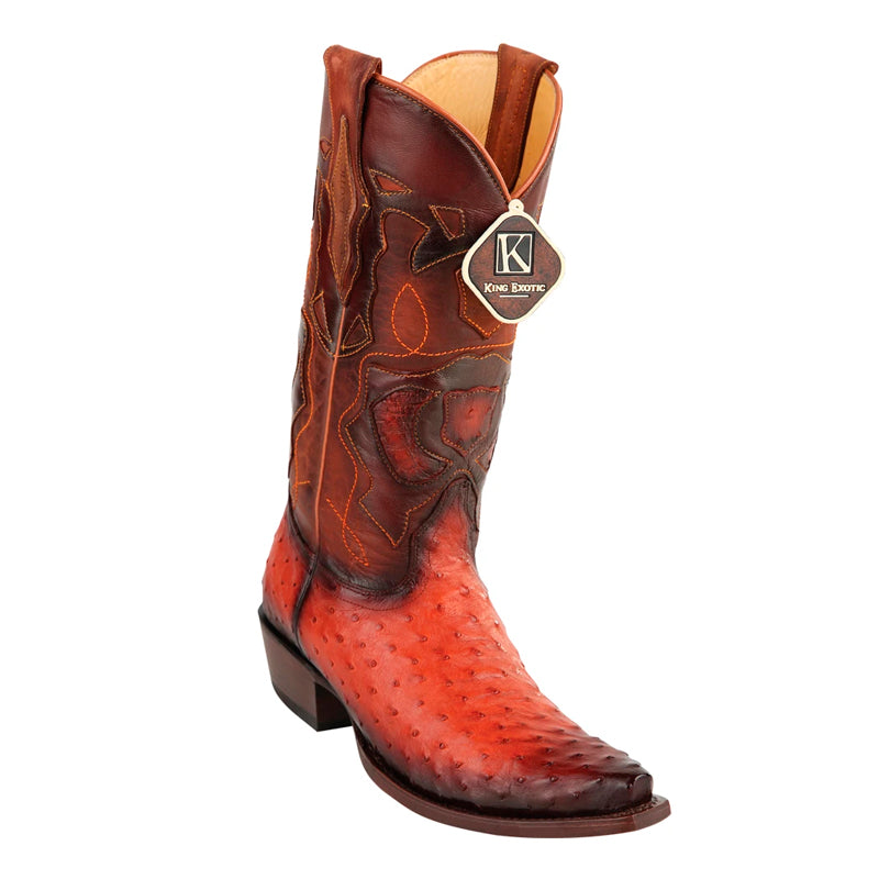 Men's King Exotic Snip Toe Full Quill Ostrich Boots Handmade Burnished Cognac (494RD0357) 1   - from alligatorwarehouse.com