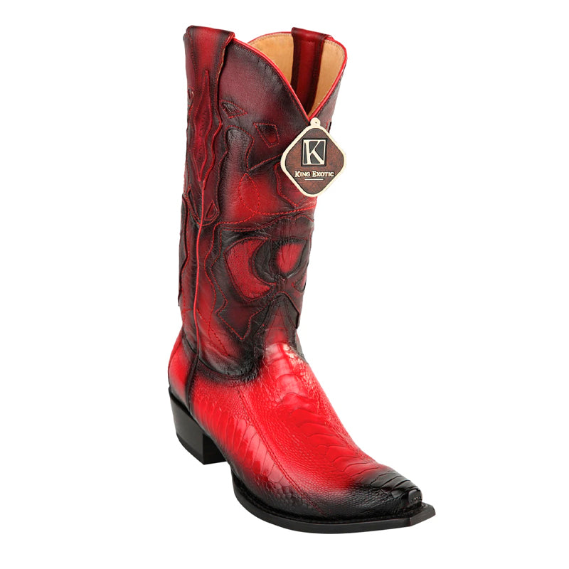 Men's King Exotic Snip Toe Ostrich Leg Boots Handcrafted Burnished Red (494RD0529) 1   - from alligatorwarehouse.com