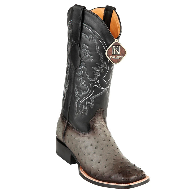 Men's King Exotic Square Toe Full Quill Ostrich Boots Handmade Burnished Gray (48220338) 1   - from alligatorwarehouse.com
