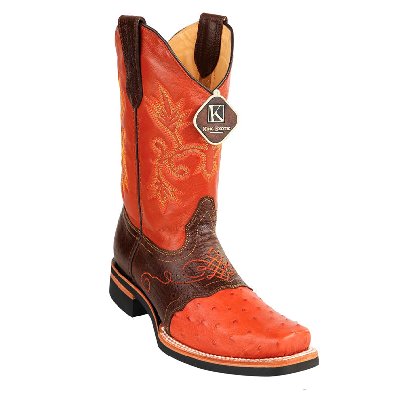 Men's King Exotic Square Toe Ostrich Boots Rubber Sole & Saddle Cognac (48160303) 1   - from alligatorwarehouse.com