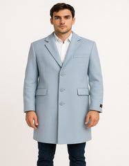 Men’s Light Blue Wool Overcoat – Classic Single-Breasted Long Coat - Sky Blue Carcoat Wool Fabric
