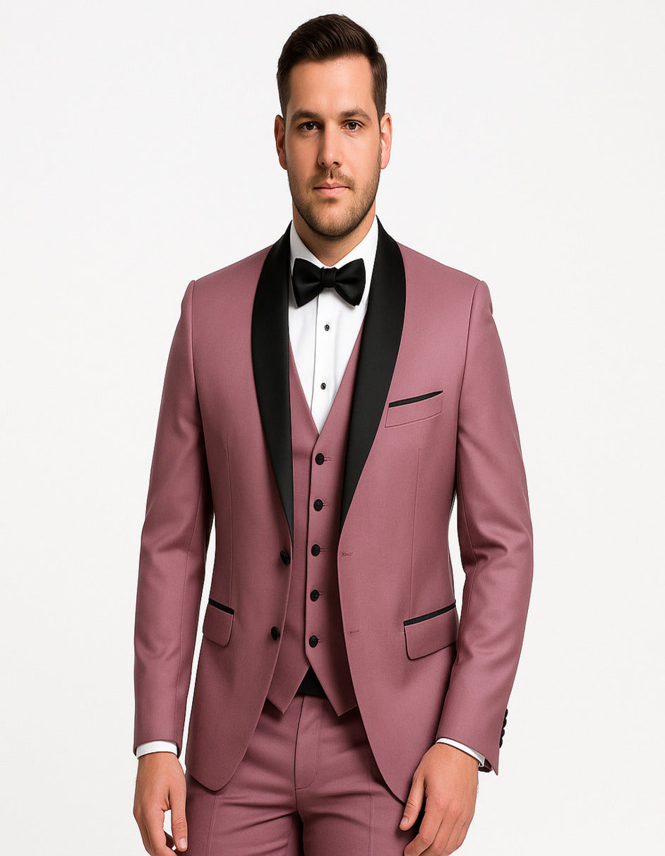 Men's Mauve Pink Tuxedo Suit ƒ?? 3-Piece Slim Fit with Black Satin Shawl Lapel 5   - from alligatorwarehouse.com