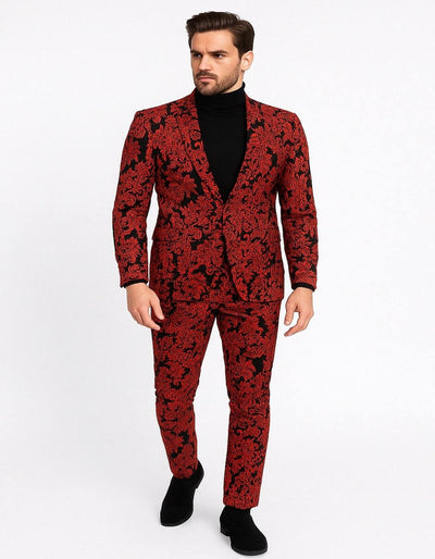 Menƒ??s Red and Black Floral Tuxedo Suit ƒ?? Slim Fit 2 Piece Embroidered Outfit for Weddings, Prom, and Formal Events