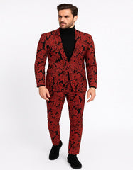 Menƒ??s Red and Black Floral Tuxedo Suit ƒ?? Slim Fit 2 Piece Embroidered Outfit for Weddings, Prom, and Formal Events