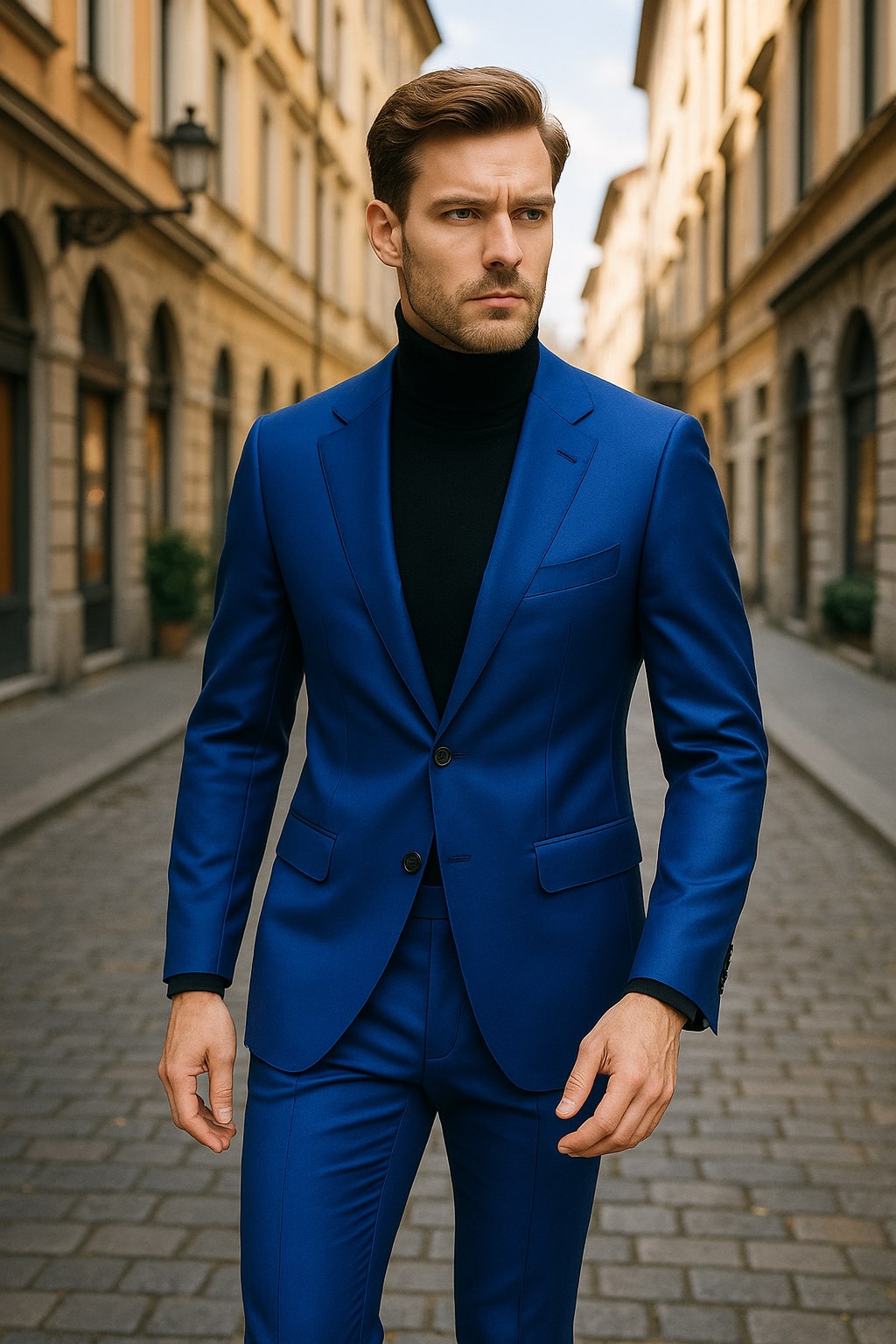 Men's Royal Blue Shiny Satin Suit – 2-Piece Slim Fit Tuxedo with Peak Lapel 1   - from alligatorwarehouse.com