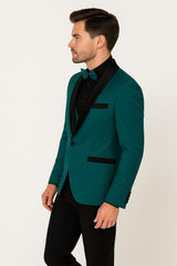Men's Teal Blue Velvet Tuxedo with Black Satin Lapel and Bow Tie + Black Pants