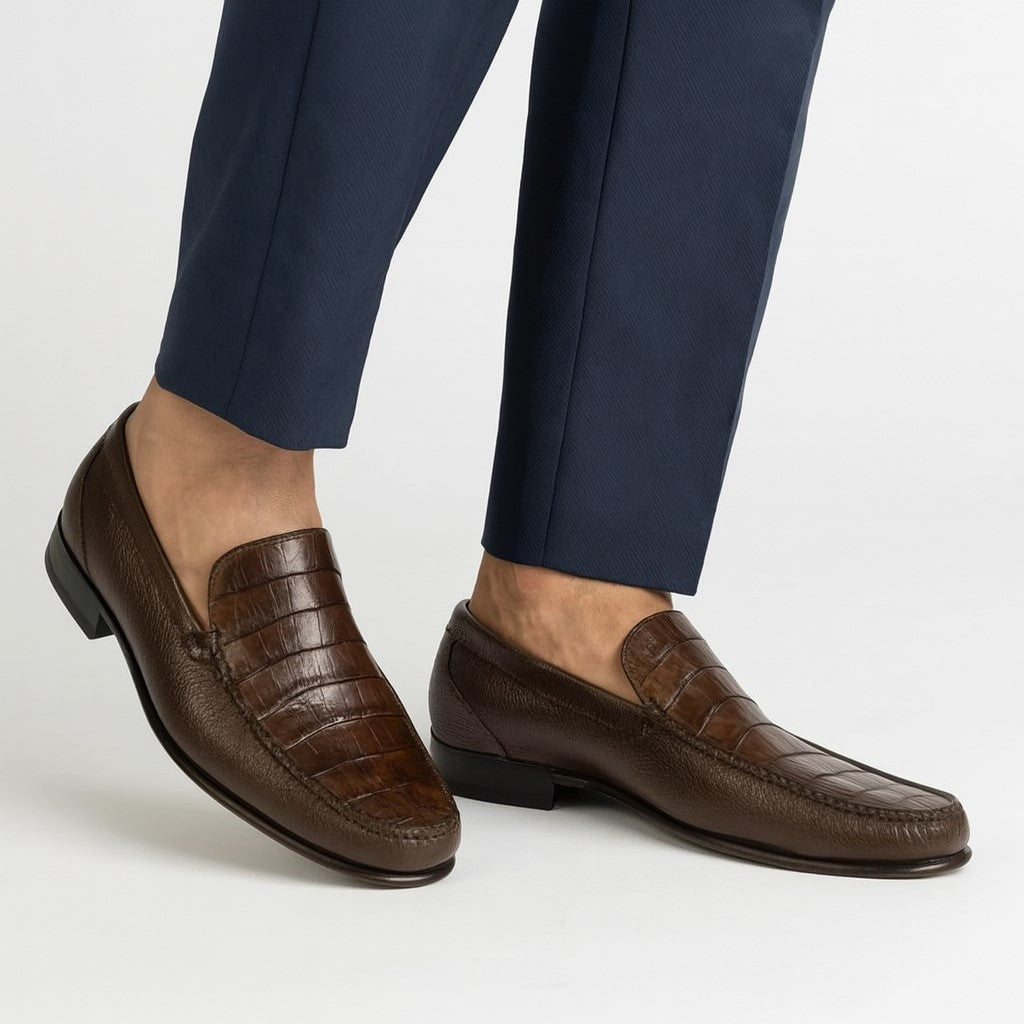 Men’s Brown Genuine Crocodile and Calfskin Leather Slip-On Dress Shoes Men’s Brown Genuine Crocodile and Calfskin Leather Slip-On Dress Shoes