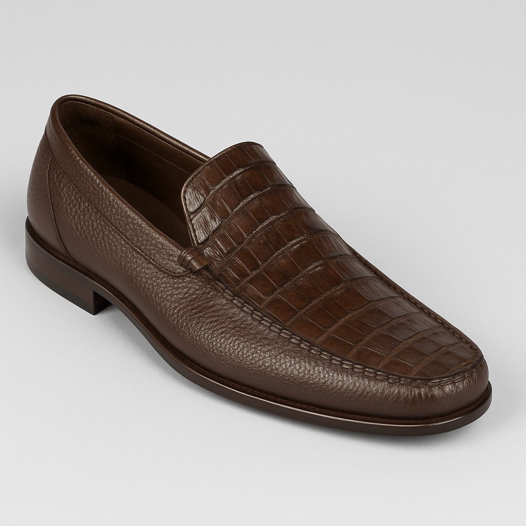 Men’s Brown Genuine Crocodile and Calfskin Leather Slip-On Dress Shoes Men’s Brown Genuine Crocodile and Calfskin Leather Slip-On Dress Shoes