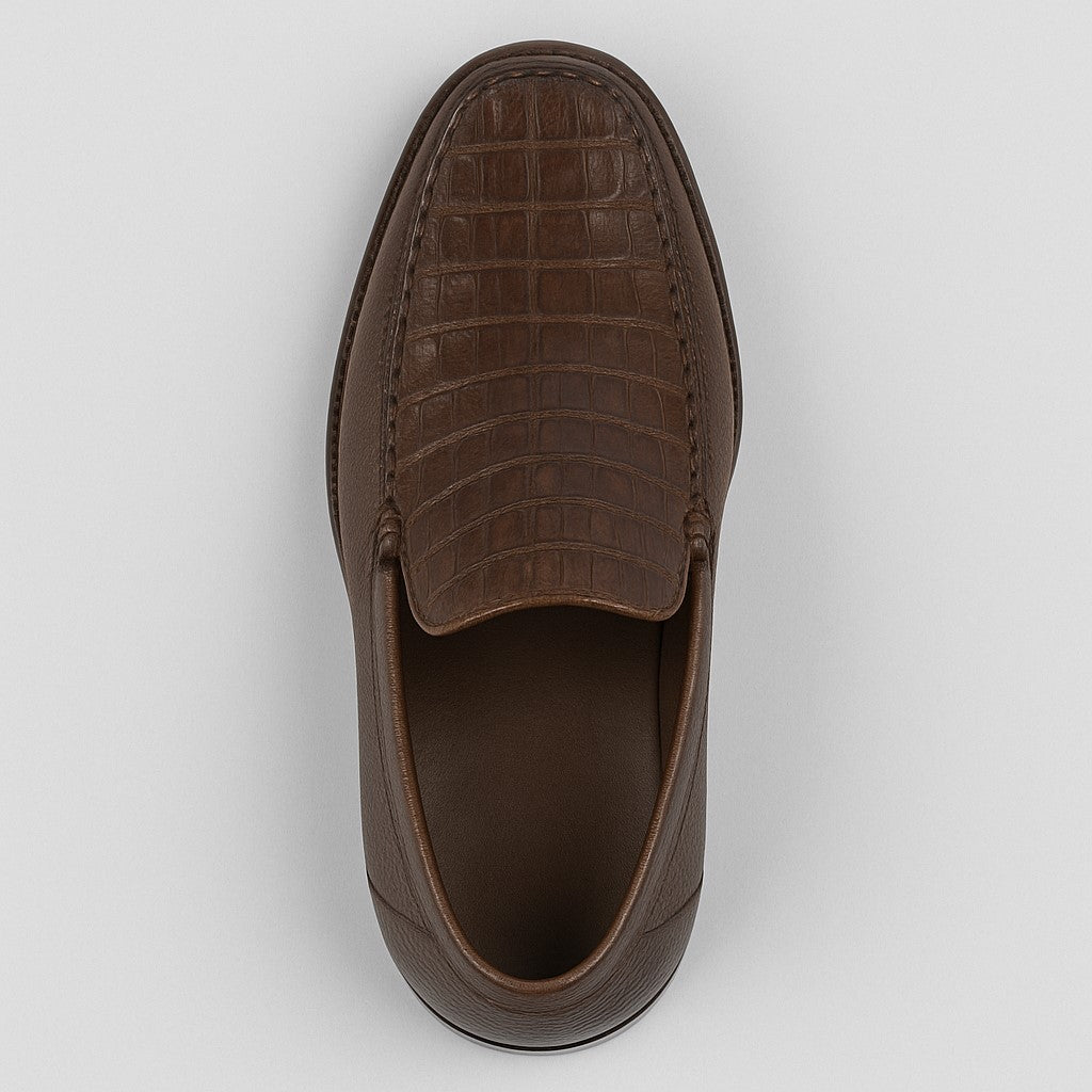 Men’s Brown Genuine Crocodile and Calfskin Leather Slip-On Dress Shoes Men’s Brown Genuine Crocodile and Calfskin Leather Slip-On Dress Shoes