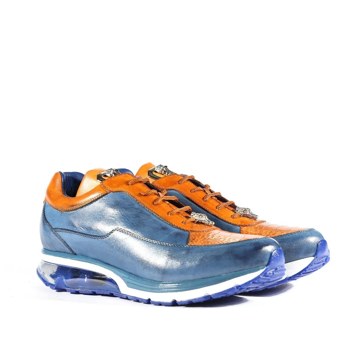 Belvedere  Flash Men's Shoes Blue Safari & Almond Exotic Ostrich / Calf-skin Leather Casual Sneakers 1 MEN E01 BLUE SAFARI/ALMOND-M-06  - from alligatorwarehouse.com