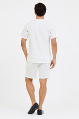 Men’s White Embroidered Short Set – Casual Summer Outfit with V-Neck Shirt and Matching Shorts