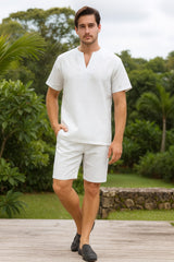 Men’s White Embroidered Short Set – Casual Summer Outfit with V-Neck Shirt and Matching Shorts