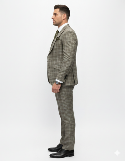 Statement Suits - Wool Suits - Peak Lapel Suits - Ticket Pocket - Modern Fit - Olive Suit