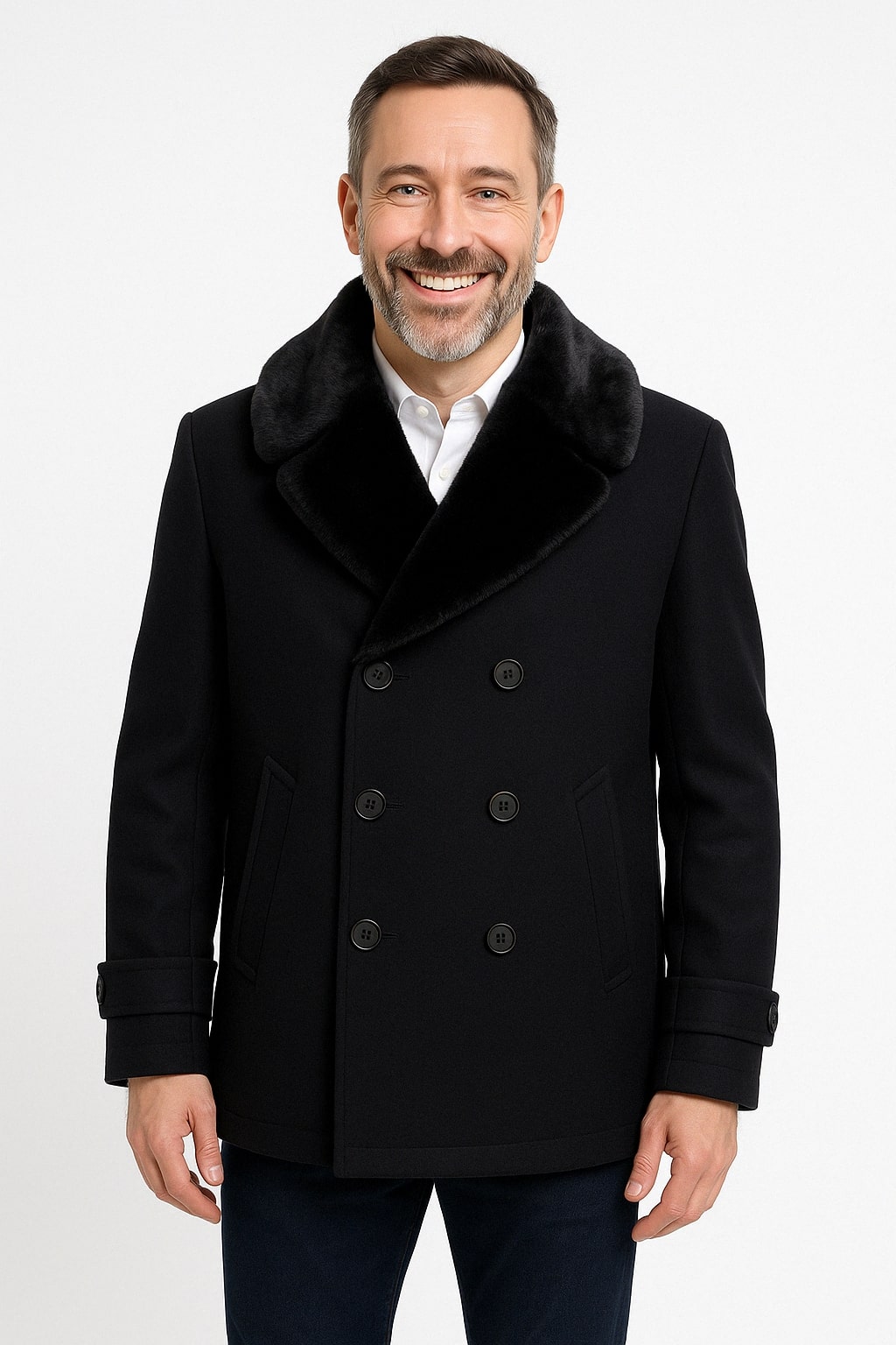Mens Black Peacoat Wool Overcoat with Faux Fur Shawl Collar – Double-Breasted Winter Peacoat 1   - from alligatorwarehouse.com