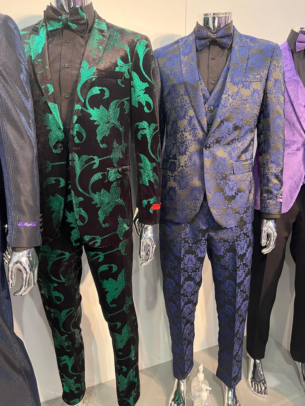 Mens Black and Emerald Green Velvet Floral Tuxedo Suit ƒ?? Slim Fit 2 Piece Formalwear for Weddings and Events Slim Fitted
