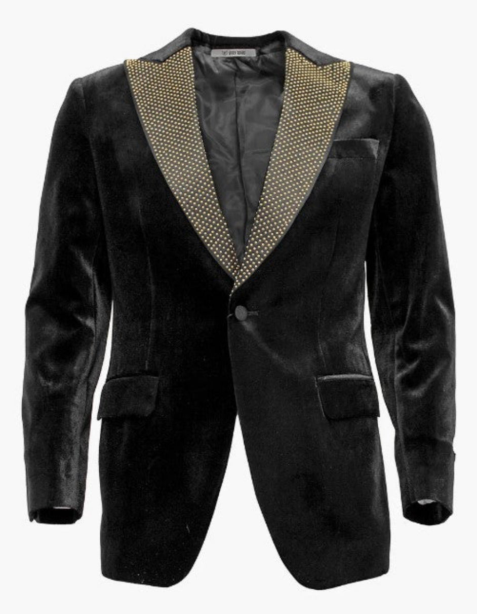 Mens Black and Gold Lapel Tuxedo Dinner Jacket - Black Velvet Blazer Perfect For Prom 1   - from alligatorwarehouse.com