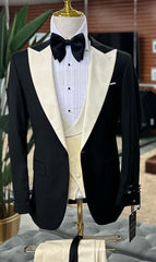 Mens Black and Ivory Tuxedo with Wide Shawl Lapel – 3 Piece Black and off White Lapel ! Vested Suit