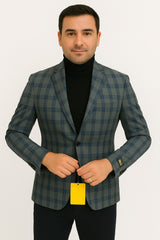 Mens Blue and Grey Windowpane Plaid Blazer – Casual Sport Coat