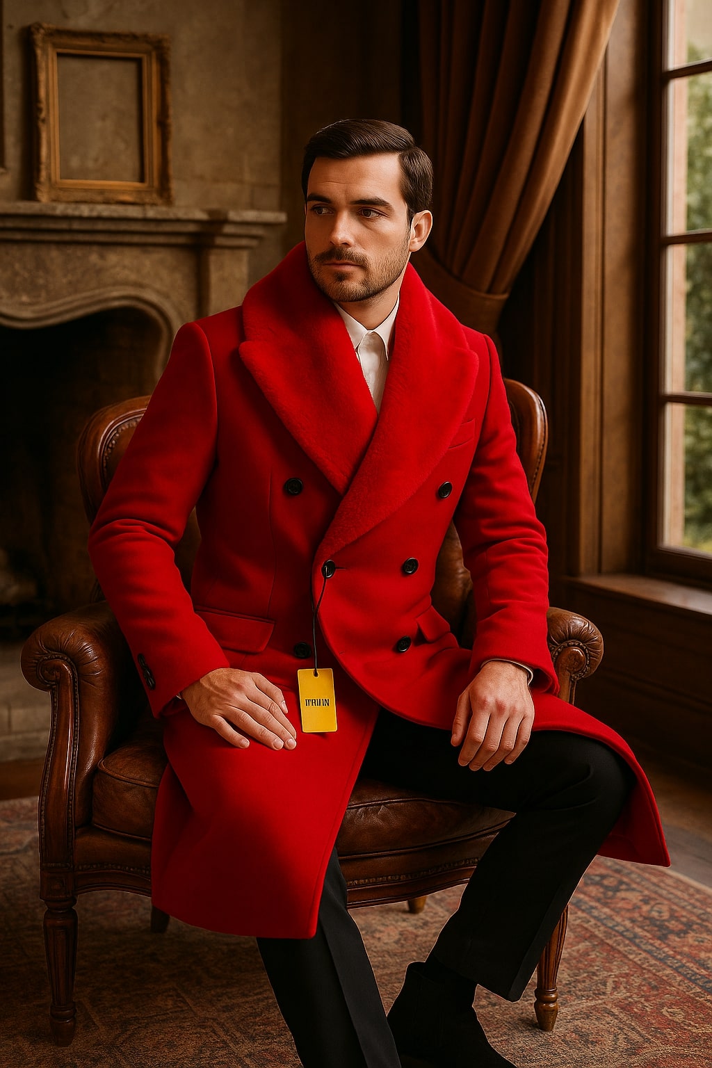Mens Double Breasted Red Overcoat with Bold Red Faux Fur Collar – Alberto Nardoni Luxury Winter Coat 3   - from alligatorwarehouse.com