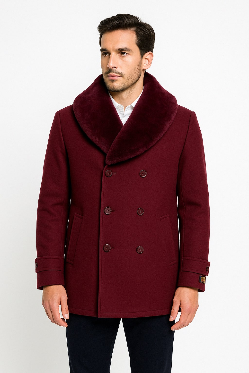 Mens Burgundy Double-Breasted Overcoat with Faux Fur Shawl Collar – Slim Fit Peacoat - Alberto Nardoni Signature 1   - from alligatorwarehouse.com