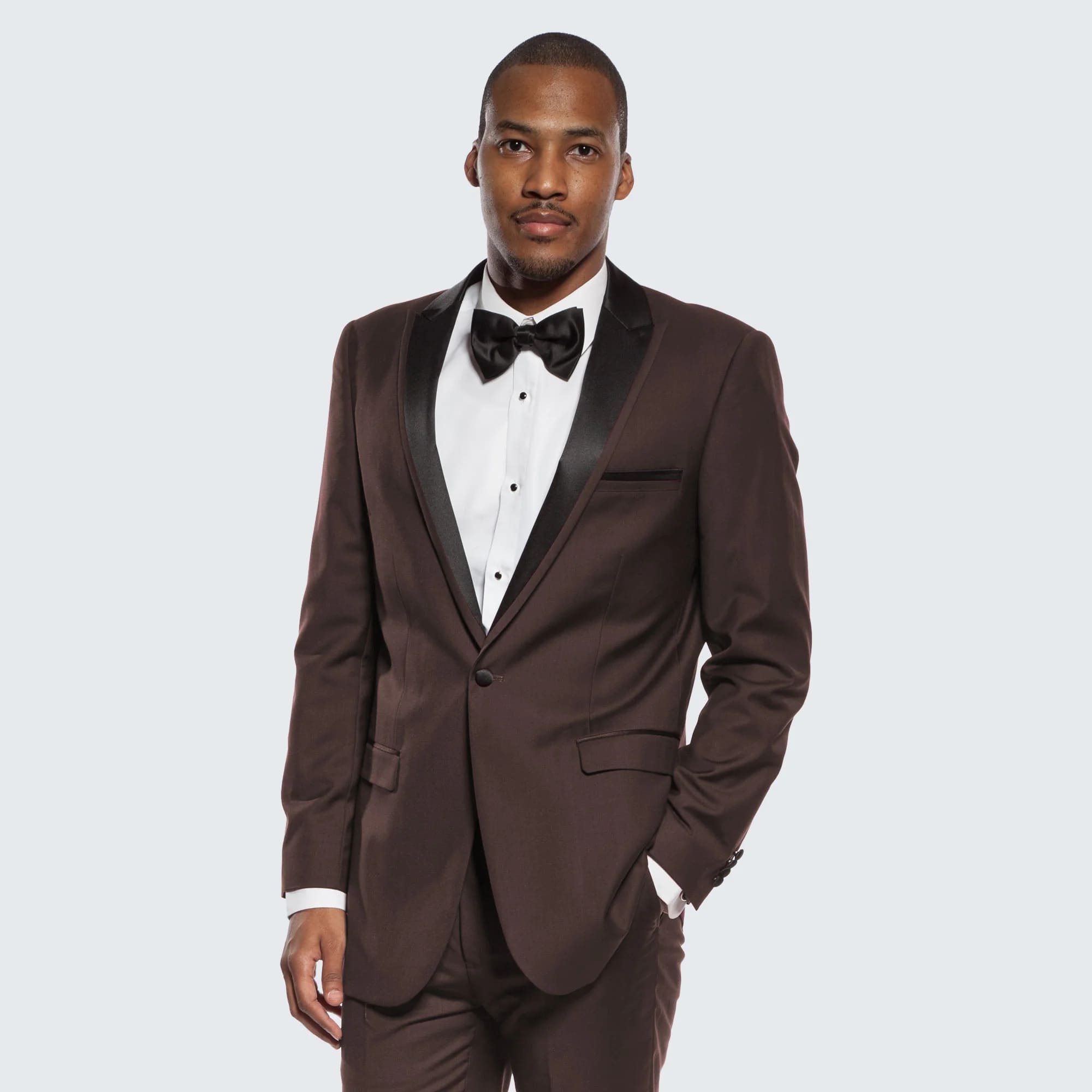 Mens Chocolate Brown Tuxedo with Black Satin Peak Lapel – Formal Wedding and Prom Suit 5   - from alligatorwarehouse.com