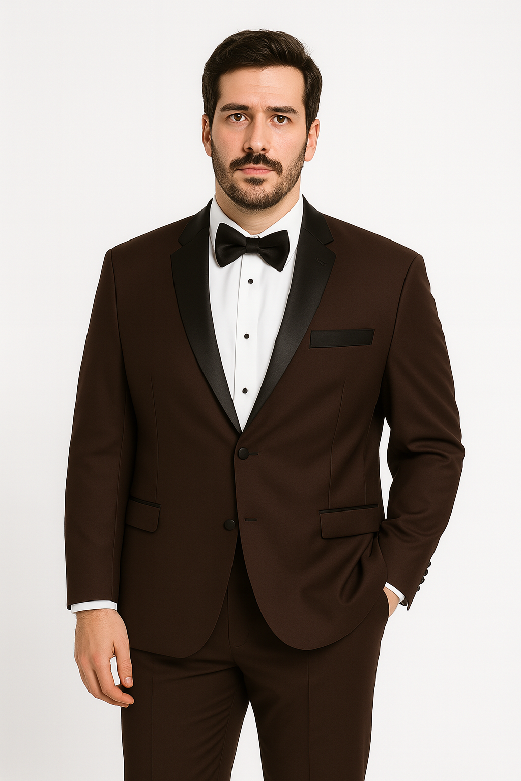 Mens Chocolate Brown Tuxedo with Black Satin Peak Lapel – Formal Wedding and Prom Suit 1   - from alligatorwarehouse.com