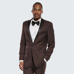 Mens Chocolate Brown Tuxedo with Black Satin Peak Lapel – Formal Wedding and Prom Suit