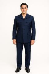 Mens Classic Navy Safari Suit with Utility Jacket and Coordinated Trousers