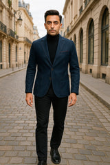 Mens Dark Blue Denim Casual Blazer with Notch Lapel and Single Button Closure