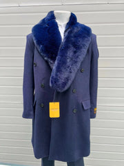Mens Double-Breasted Navy Overcoat with Plush Blue Faux Fur Collar – Alberto Nardoni Winter Coat