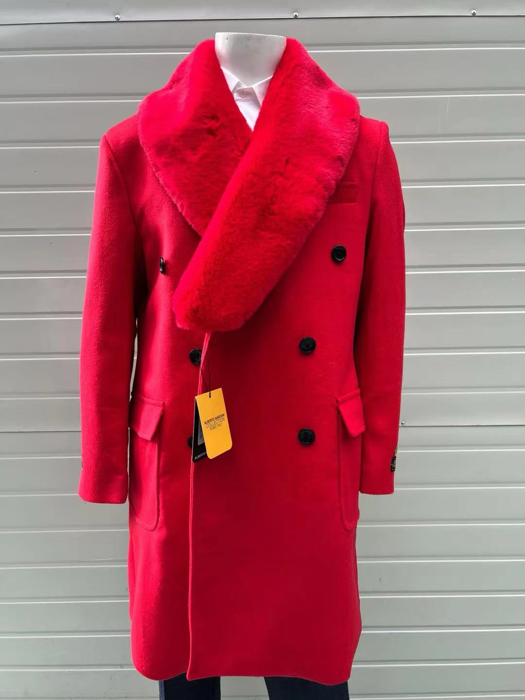 Mens Double Breasted Red Overcoat with Bold Red Faux Fur Collar – Alberto Nardoni Luxury Winter Coat 4   - from alligatorwarehouse.com