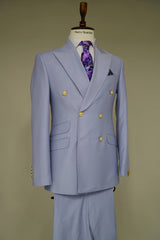 Mens Light Blue Double-Breasted Suit with Gold Buttons ƒ?? Slim Fit 2-Piece Formal Set in Sky Blue Color
