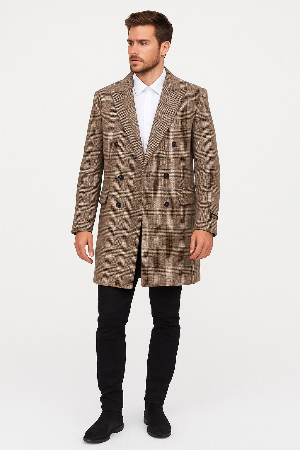 Mens Gray and Light Brown Glen Plaid Wool Overcoat – Double-Breasted Vintage Check Coat 1   - from alligatorwarehouse.com