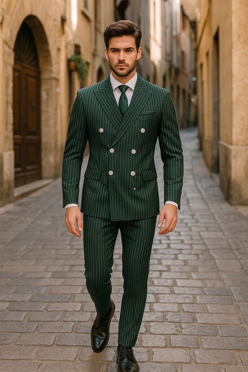 Mens Green Pinstripe Double-Breasted Suit – Slim Fit 2 Piece Formal Business Suit with Peak Lapel 1920s Gangster Pinstripe 3   - from alligatorwarehouse.com