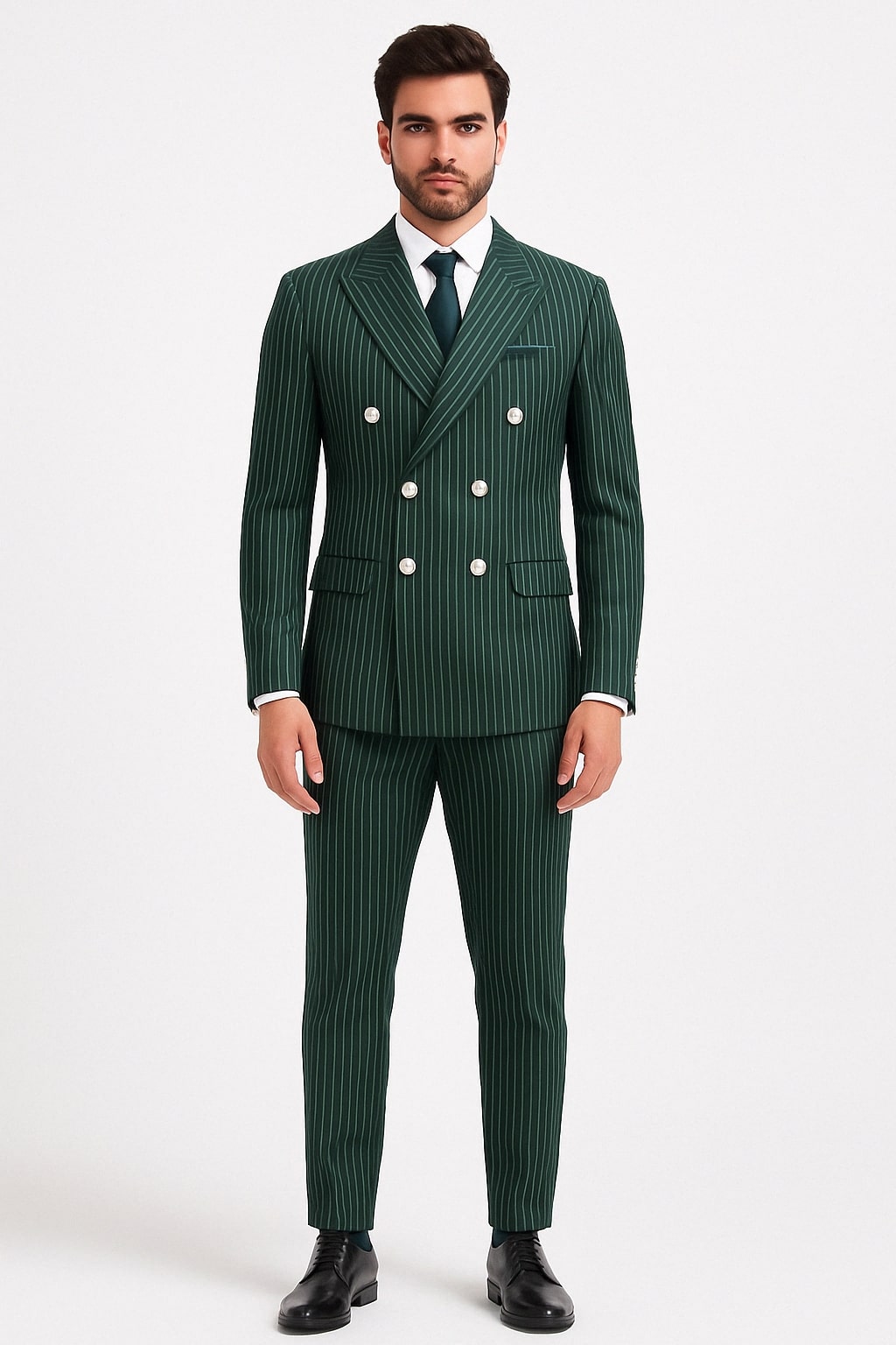 Mens Green Pinstripe Double-Breasted Suit – Slim Fit 2 Piece Formal Business Suit with Peak Lapel 1920s Gangster Pinstripe 1   - from alligatorwarehouse.com
