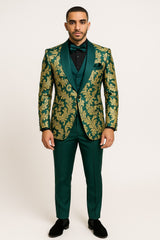 Mens Green and Gold Embroidered Tuxedo – 3-Piece Prom Suit