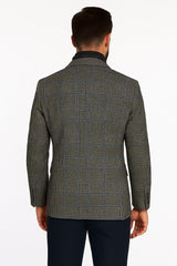 Mens Grey and Blue Glen Check Wool Blazer with Quilted Inner Layer