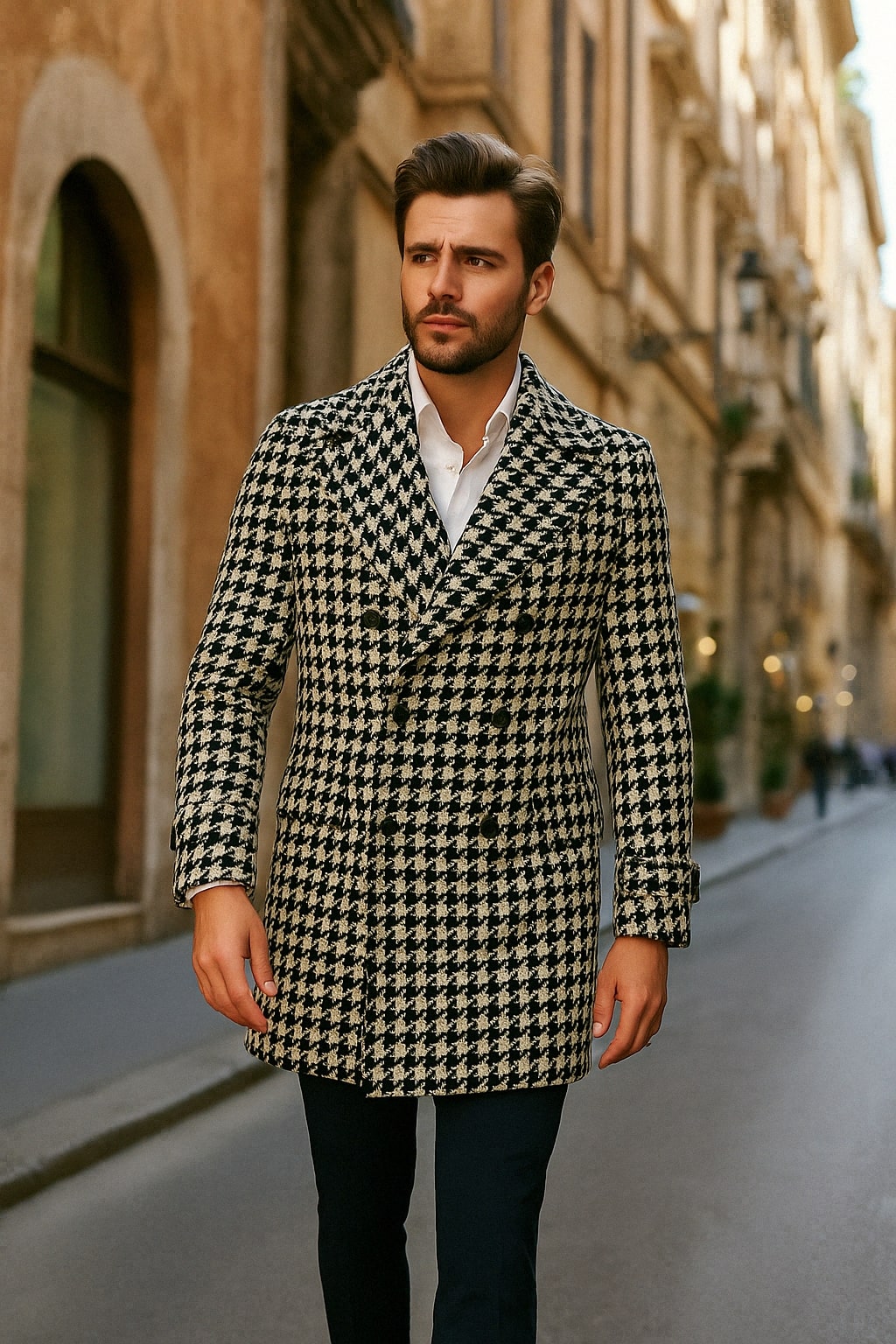 Mens Houndstooth Double-Breasted Wool Peacoat – Black and White Wool Short Coat Slim Fit