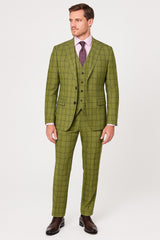 Mens Light Olive Green Three-Piece Plaid Suit with Notch Lapel - Sage Green Windowpane Pattern