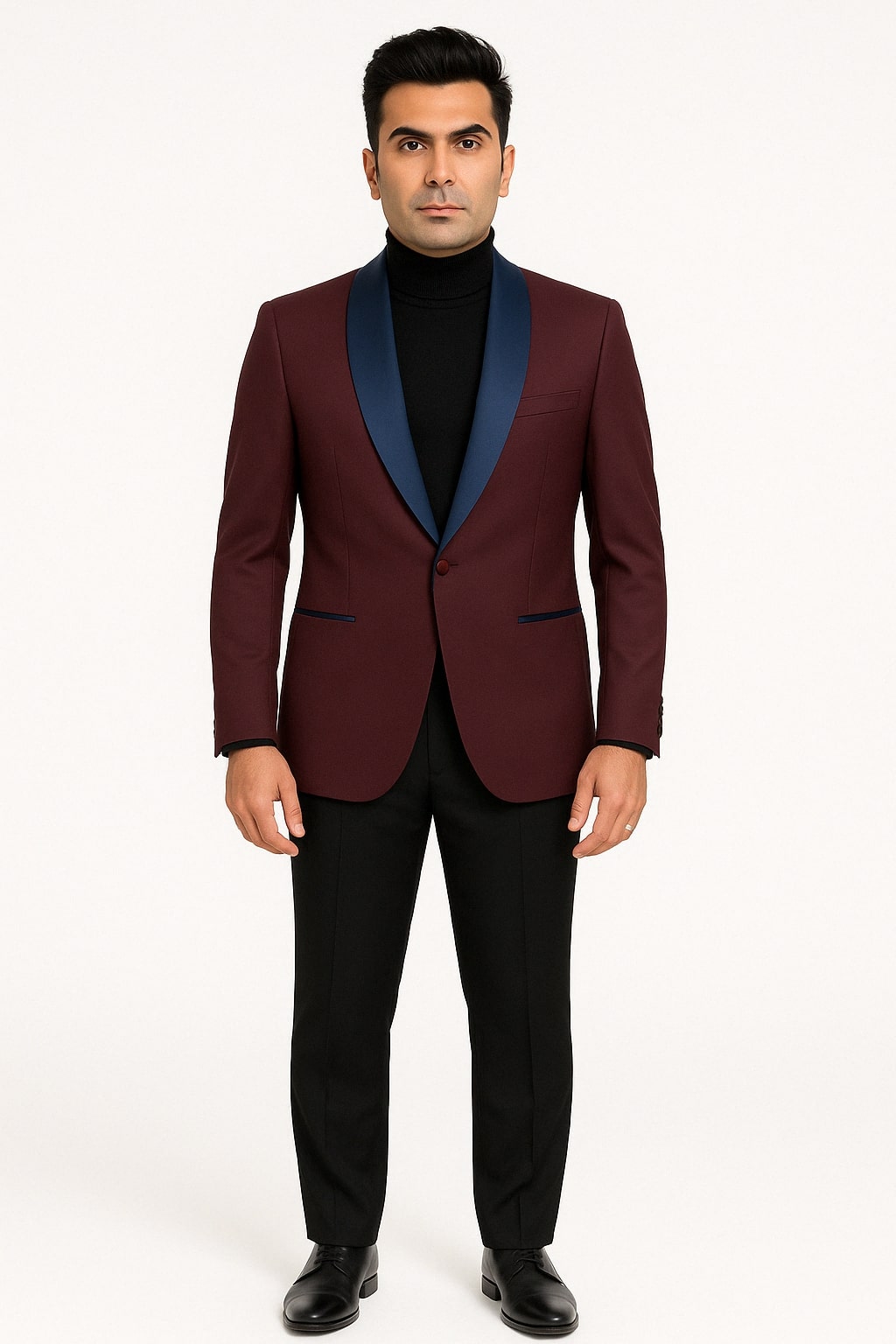 Mens Maroon Tuxedo Jacket with Blue Satin Shawl Lapel – Slim Fit Formal Blazer in Burgundy and Navy Blue 1   - from alligatorwarehouse.com