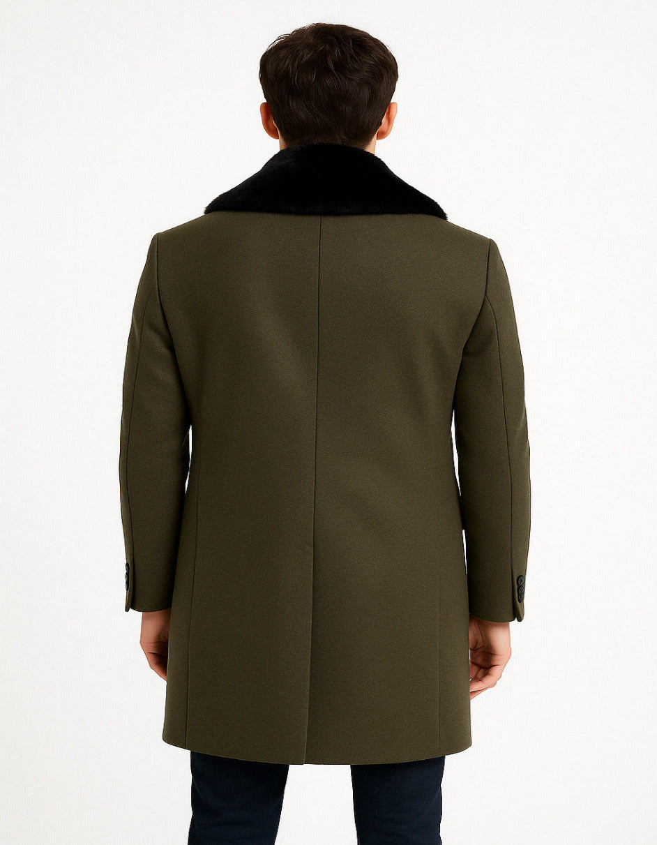 Mens Olive Green Wool Overcoat with Black Faux Fur Shawl Collar – Double Breasted Winter Coat
