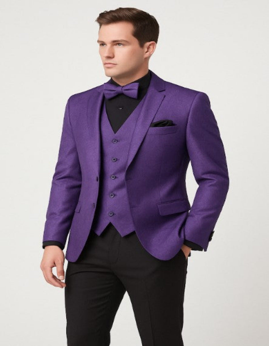 Mens Purple Paisley Tuxedo ƒ?? 3 Piece Suit with Bow Tie and Black Pants | Wedding & Prom Outfit - Slim Fitted